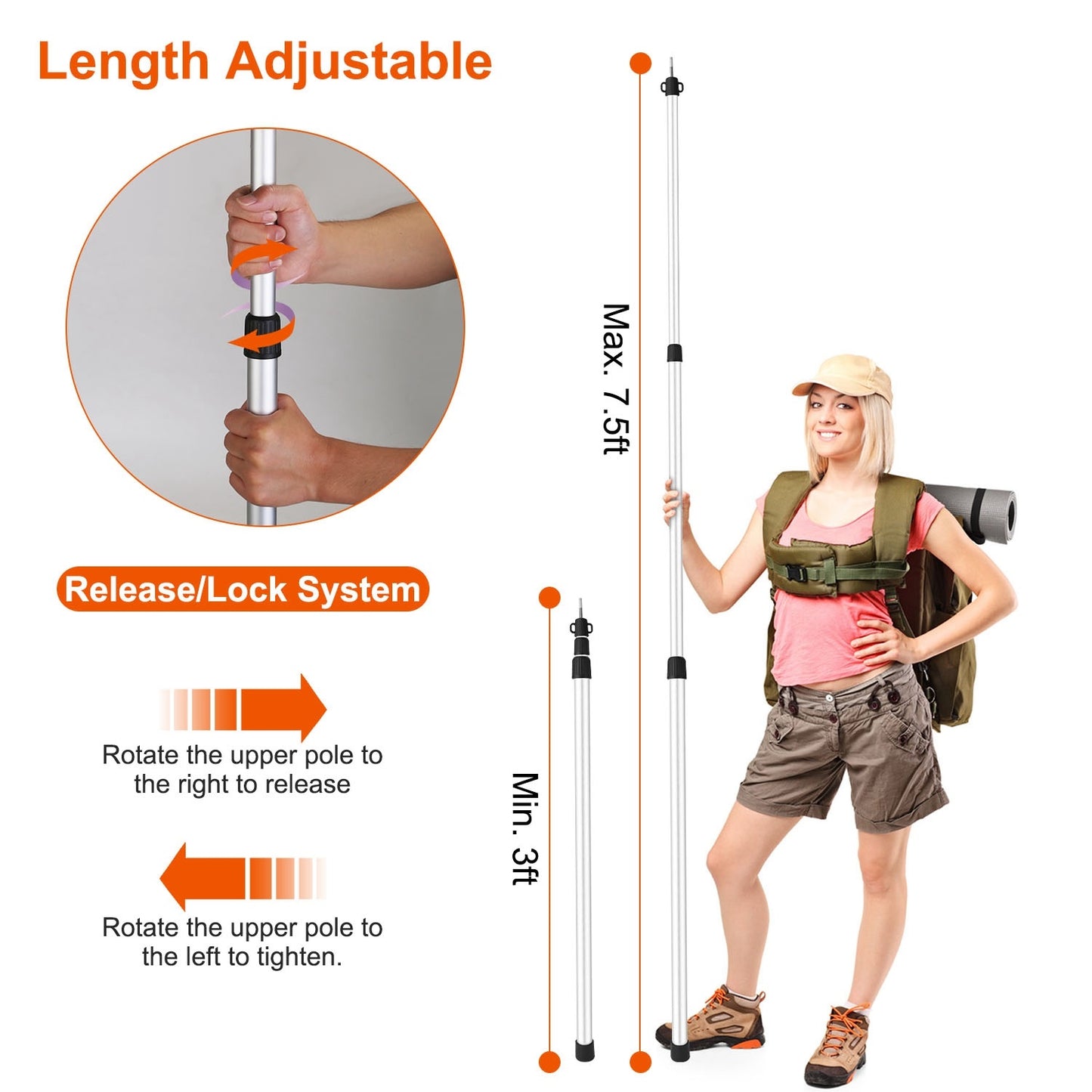 2Pcs Telescoping Tarp Poles Portable Aluminum Awning Poles 3FT To 7.5FT Adjustable Telescopic Tarp Tent Rods